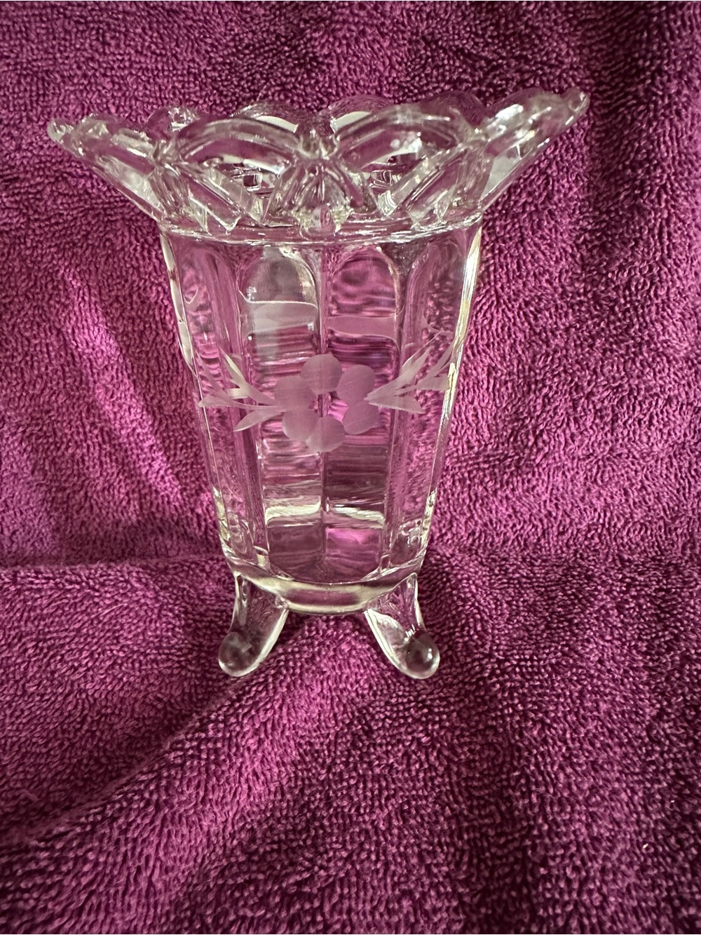Clear Etched Glass Footed Vase - Decorative Floral Motif